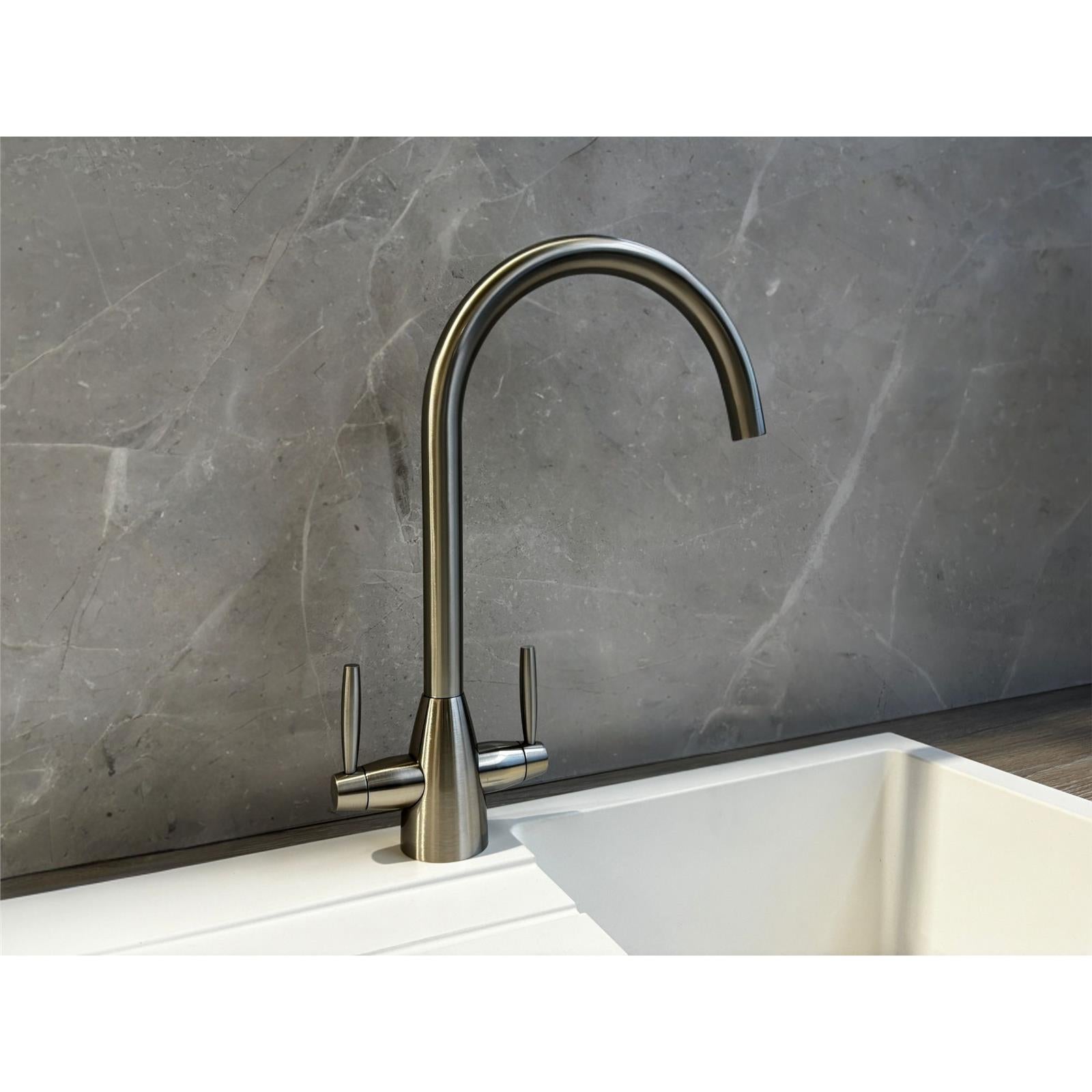 Liquida LT03BN Monobloc Swan Neck Twin Lever Brushed Nickel Kitchen Mixer Tap